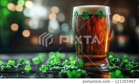 Close-up of a pint of stout surrounded by shamrock decorations 121305997