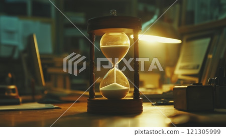 Close up view of sand hourglass stand bright table blurred office 121305999
