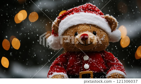 teddy bear wearing red and white santa suit 121306037