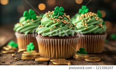 Green cupcakes, gold coins and shamrocks are arranged on a wooden table Green cupcakes, gold coins and shamrocks are arranged on a wooden table 121306207
