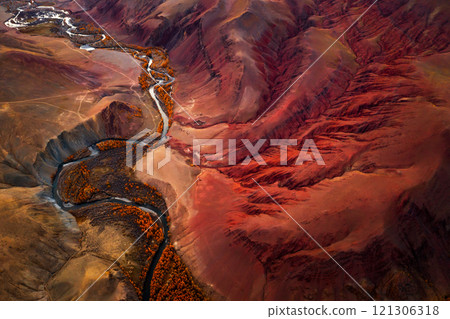 Aerial view of red hills and river valley in Altai Mountains, Russia 121306318
