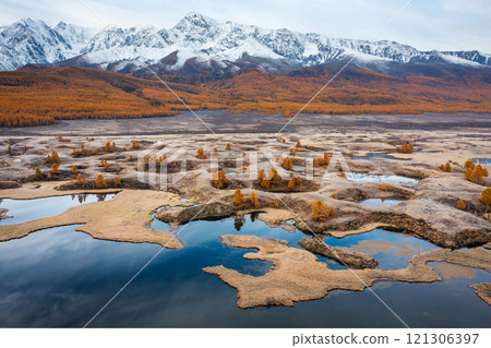 Scenic autumn landscape with lakes and mountains under a clear sky 121306397
