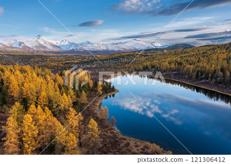 Autumnal mountain landscape with lake reflection under clear sky in Altai region Autumnal mountain landscape with lake reflection under clear sky in Altai region 121306412