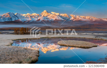 Scenic Sunrise View of Snowcapped Mountains Reflecting in Calm Water 121306499