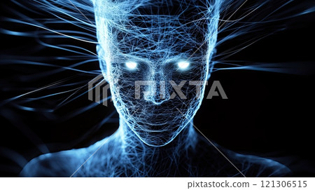 Digital figure made of blue glowing interconnected lines against black background 121306515