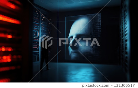 Digital face projection in high-tech server room with innovative technology glow Digital face projection in high-tech server room with innovative technology glow 121306517