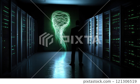 Abstract green energy glow in server room with man observing 121306519