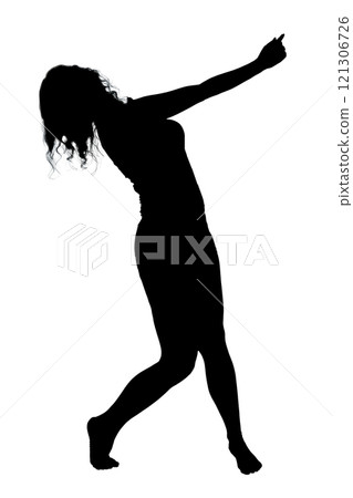A silhouette of a woman joyfully dancing gracefully on a white background 121306726