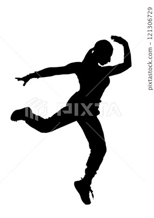 A striking silhouette of a person joyfully dancing on a white background A striking silhouette of a person joyfully dancing on a white background 121306729