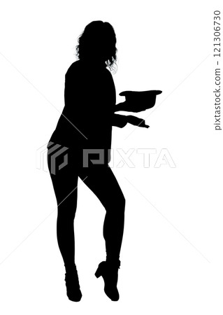 A woman holds a tray elegantly against a pure white background A woman holds a tray elegantly against a pure white background 121306730