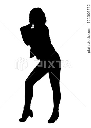 A beautiful silhouette of a woman gracefully dancing on a white background 121306732