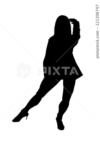 A silhouette of a woman on one leg against a white background A silhouette of a woman on one leg against a white background 121306747