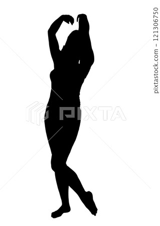 A beautiful silhouette of a woman gracefully dancing on a white background 121306750