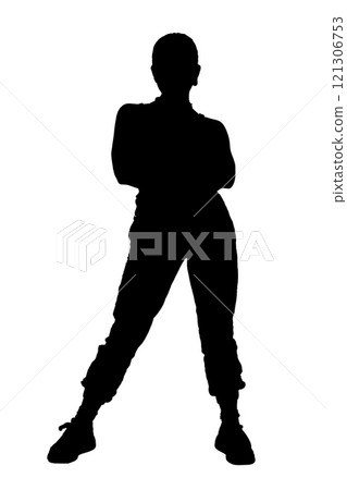 A silhouette of a person standing upright with their arms crossed tightly A silhouette of a person standing upright with their arms crossed tightly 121306753