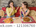 Women enjoying traditional ecuadorian cuisine and drinks in Portoviejo restaurant 121306760
