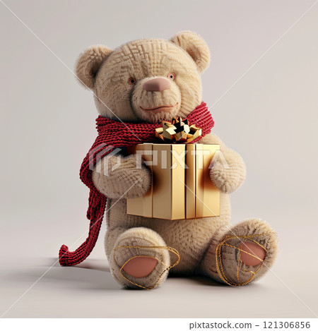 cute teddy bear wearing red scarf holds golden gift box, perfect for Christmas celebrations. This charming scene evokes warmth and joy during holiday season 121306856