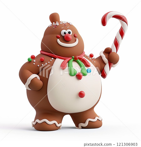 Cute gingerbread man holding candy cane, decorated with colorful icing and festive details, perfect for holiday celebrations and Christmas decorations 121306903