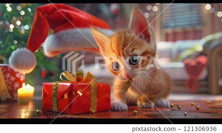 playful orange kitten with big eyes explores festive Christmas scene, surrounded by decorations, gift box, and cozy atmosphere. holiday spirit is alive 121306936