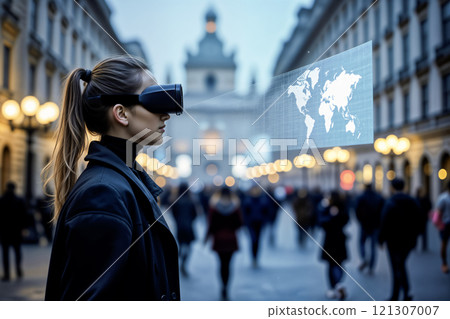 Young woman wearing VR headset interacting with futuristic holograms in city 121307007