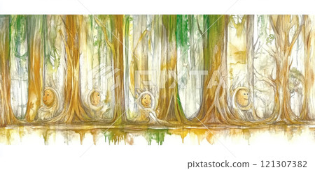 Whimsical characters wander through a lush forest filled with greenery and earthy tones, creating a lively and enchanting atmosphere 121307382