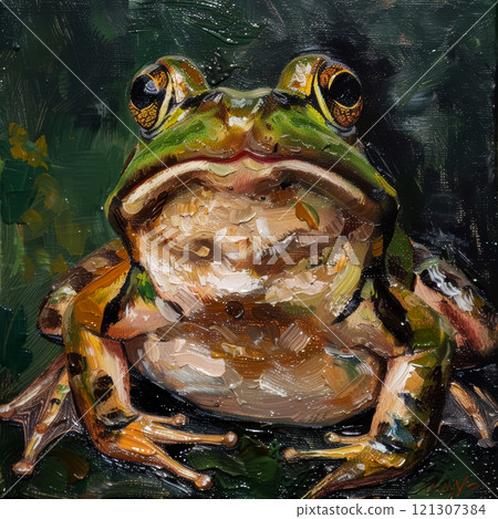 This vivid green frog sits prominently with its bold features highlighted, showcasing the beauty of nature in bright daylight 121307384