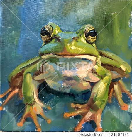 The green frog sits poised, showcasing its vivid colors and distinct patterns, contributing to a lively depiction of nature's beauty 121307385