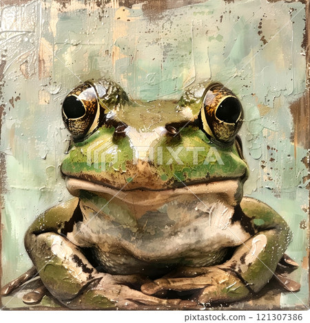 This vibrant frog displays intricate details in its skin and eyes, surrounded by a subtle, textured background 121307386