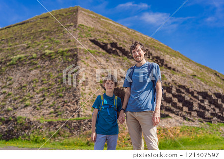 Father and son tourists exploring Teotihuacan, Mexico. Cultural heritage, ancient ruins, and archaeological adventure concept 121307597