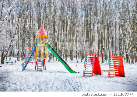 Amazing view of empty children playground in winter day. 121307774