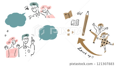 A set of illustrations of a child's study growth and parents' anxious and happy expressions 121307883