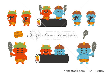 Set of cute illustrations of red and blue demons for Setsubun Set of cute illustrations of red and blue demons for Setsubun 121308087