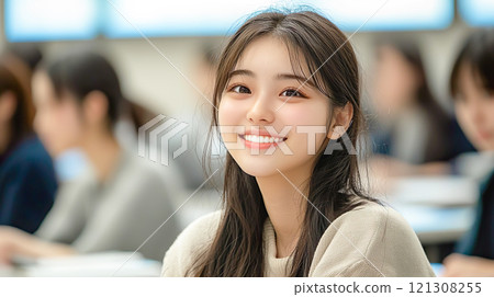 Young woman attending a university lecture Young woman attending a university lecture 121308255