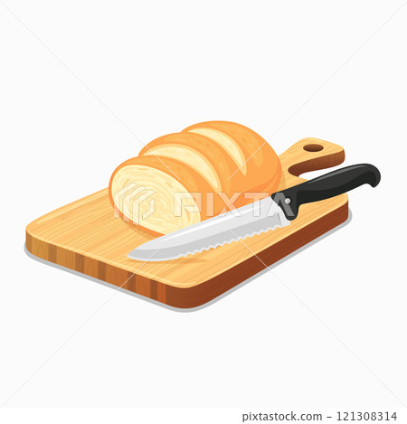 Flat Vector Wooden Cutting Board with Kitchen Knife Icon. Cutting Board and Knife Design Template. Chopping Board with Knife and Loaf of Bread Illustration Isolated on White Background 121308314