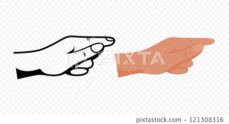 Hand Pointing With Index Finger. Design Template for Social Media, User Interfaces, Directional Signs. Flat Design With Clean Lines And Color Variations. Flat Cartoon Vector Illustration Hand Pointing With Index Finger. Design Template for Social Media, User Interfaces, Directional Signs. Flat Design With Clean Lines And Color Variations. Flat Cartoon Vector Illustration 121308316