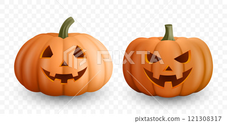 Realistic Vector Halloween Pumpkins with Carved Faces. Jack-O'-Lanterns Set for Halloween Decor. Detailed Pumpkin Illustrations for Festive Design, Icons, Templates 121308317