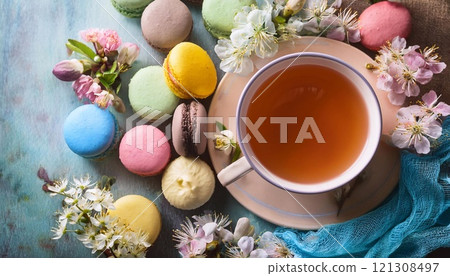 Stack of colorful macarons on the background 121308497