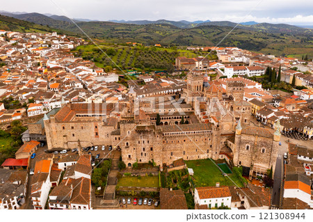 Bird's eye view of monastery in Guadalupe, Spain 121308944