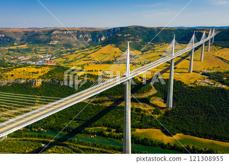 Aerial view of multispan cable stayed Millau Viaduct, France 121308955