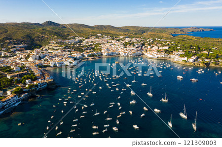 View from drone of Cadaques town, Spain View from drone of Cadaques town, Spain 121309003