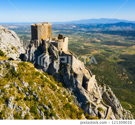 Panoramic view of castle Chateau de Queribus. Aude department. France Panoramic view of castle Chateau de Queribus. Aude department. France 121309010