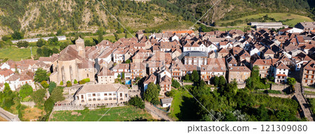 Birds eye view of the ancient Spanish city of Anso. Huesca, Spain 121309080