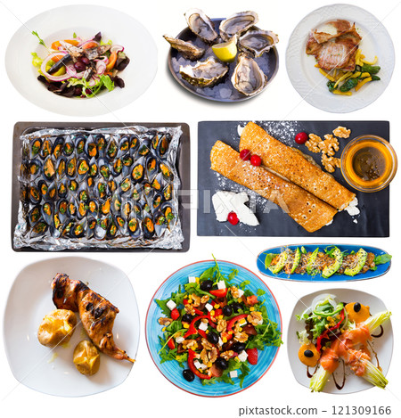 Collage of different meals isolated Collage of different meals isolated 121309166