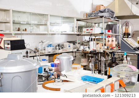 Interior of chemical laboratory equipped with different tools Interior of chemical laboratory equipped with different tools 121309213