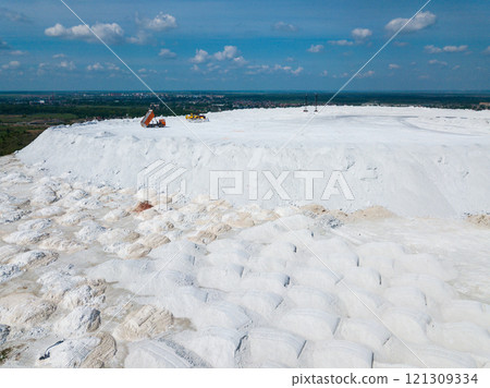 White Mountain aerial view. Slag from phosphogypsum. City Voskresenks. Russia 121309334