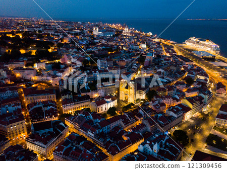 Night aerial view of Lisbon with Cathedral 121309456
