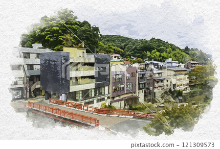 Watercolor painting of the hot spring town view from the Gyokyu-ro in Shuzenji, Izu, Shizuoka Prefecture 121309573