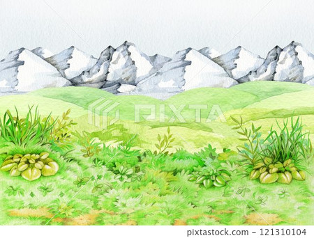 Spring and summer season countryside nature background with green grass, meadow and mountain range. Hand drawn watercolor illustration. Countryside peaceful nature landscape backdrop element 121310104