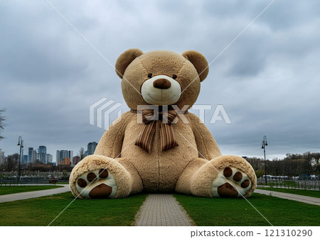 Image of a city and a giant bear stuffed toy 121310290