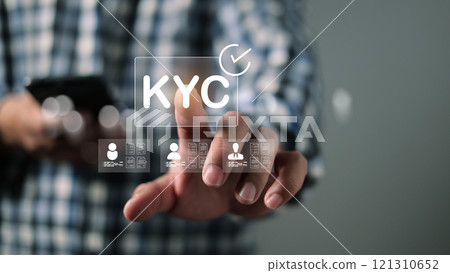Human engaging in KYC verification, Personal information for identification, Know your customer concept, Business verifying the identity of clients for KYC financial client authentication. Human engaging in KYC verification, Personal information for identification, Know your customer concept, Business verifying the identity of clients for KYC financial client authentication. 121310652