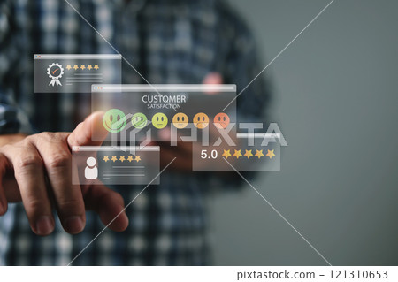 Satisfaction feedback review, Customer Satisfaction Survey concept, Service experience rating online application, Customer evaluation product service quality, Very good quality most. 121310653